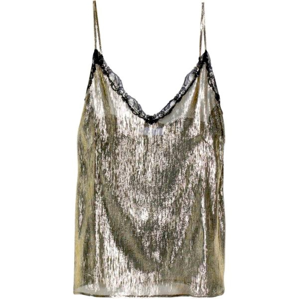 New! Sandro Women’s Lace-Trimmed Metallic Gold Silk Camisole Tank Top Small - Picture 2 of 14